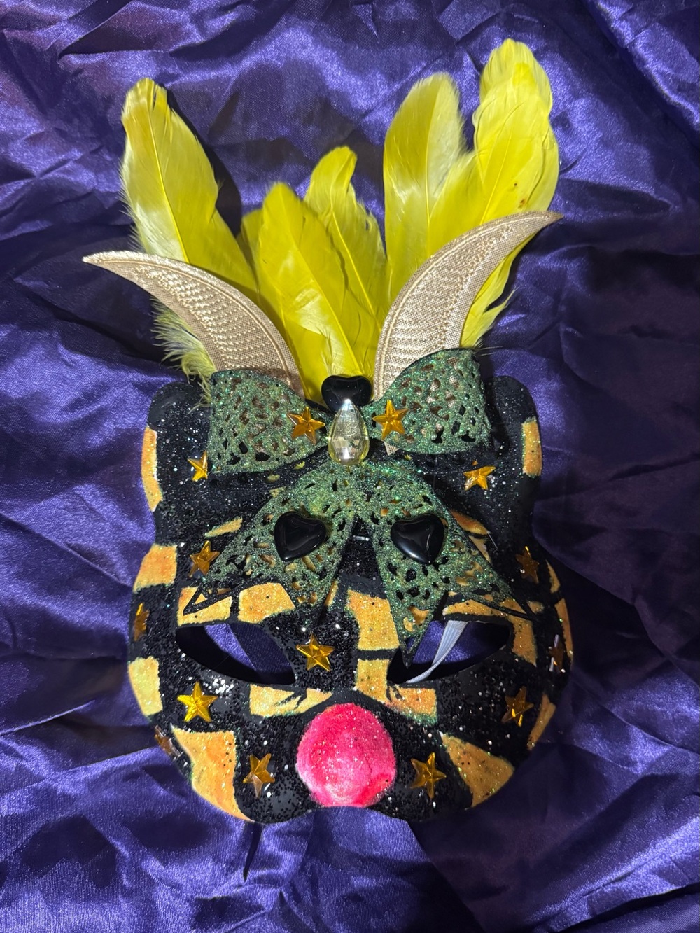 Decorative Yellow Feather and Black Carnival Mask: hufflepuff inspired